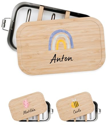 Bärenfreunde® - Personalisierte Brotdose für Kinder mit Spezial-Druck - Robuste Edelstahl Brotdose - Personalisierte Geschenke für Kinder & Erwachsene (Regenbogen blau gelb,klein Weißblech)