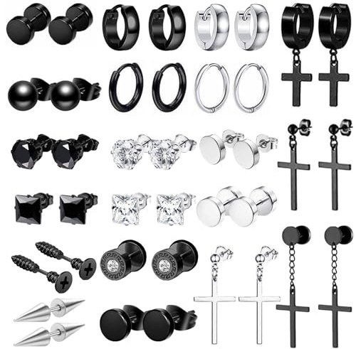 20 Paar Ohrringe Herren Edelstahl Ohrstecker Set Hypoallergen Schwarz Creolen Ohrringe Damen Zirkonia Kreuz Ohrringe Piercing Knorpel Ohrringe für Männer Jungen