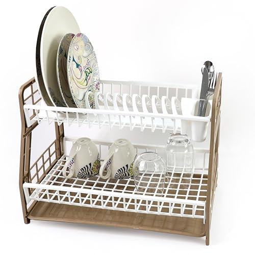 DIVCHI 2-Tier Dish Drying Rack Large Capacity Plastic Dish Drainer, Utensil Holder, Drain board - Kitchen Counter, Over Sink Organizer for Plates, Bowls, Cups (Brown & White)