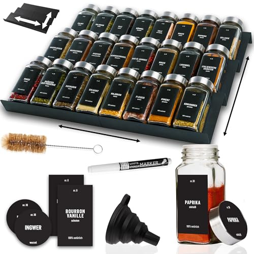 Deco haus® Cajón especiero de metal [CON 24 BOTES DE ESPECIAS Y ETIQUETAS] - cajón para especias - organizador para cajones de especias - Organizador Cocina Cajones - organizador de especias