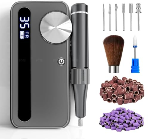 PÔZE • Ponceuse pour ongles professionnelle 35000 RPM portable et rechargeable | Sans fil, puissante, silencieuse, affichage LCD | Kit manucure/pédicure : 7 embouts + 56 bandes Emery | Maison & salon