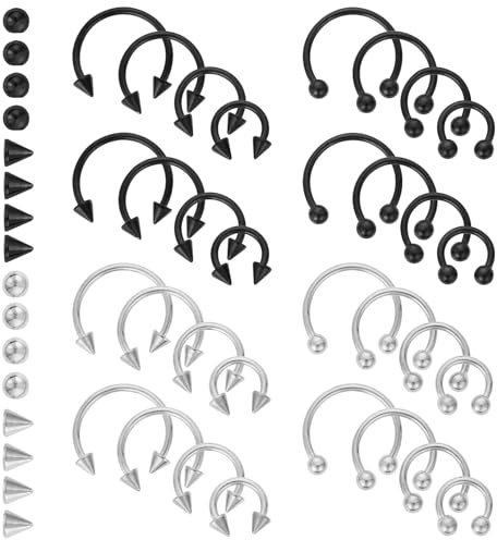 Tucnoeu Lot de 32 piercings de septum 16 G noir argenté avec cône de rechange pour homme et femme