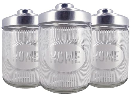 MA MAISON Set 3 Barattoli In Vetro con Coperchio 800 cc - Tris di Contenitori, Sale Grosso, Sale Fino, Caffè, Zucchero, da Cucina, Alimenti - Scritte Decorato e Colorato (Beige | Righe | 800 cc)