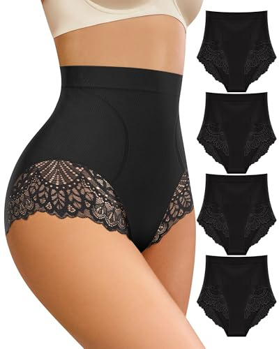 MIOTAN Lot de 4 Culottes Gainantes Femme Taille Haute Ventre Plat Sculptantes Slip Respirantes Dentelle, Noir, L
