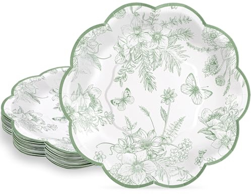 NatNarr 30Pcs Sage Green Floral Paper Plates, 7 Inch Spring Plates Vintage Chinoiserie Flower Plate Scalloped Cute Easter Plate for Garden Party Tea Party Birthday Baby Bridal Shower