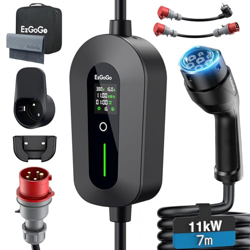 EzGoGo Mobile Wallbox 11 kW 7 m, 6-16 A, Einstellbare Leistung & Ladezeit | Ladekabel Auto CEE 16A auf Typ 2 Ladekabel, IP65 Wasserdicht, EV-Ladegerät für EVs & PHEVs