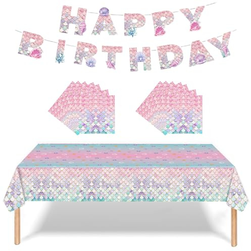 Mermaid Disposable Party Set, Pink Ocean Scale Table Cloth, 22-Piece | Includes 20 square napkins and 1 letter banner with cord, shell and coral motifs, for birthdays and family celebrations