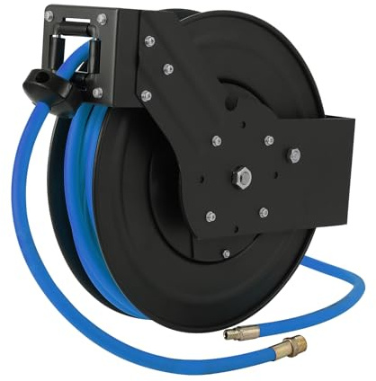 50FT Retractable Air Hose Reel, Auto Rewind 3/8 Hybrid Hose, 300PSI Heavy Duty Industrial Steel Reel, 180° Swivel Bracket Wall/Ceiling Mount for Garage Workshop