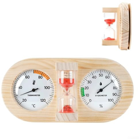 Sauna Thermohygrometer mit Sanduhr Timer, Holz Hygrometer für Sauna, Wandmontage Temperatur und Luftfeuchtigkeit Messgerät für Saunaräume (A)