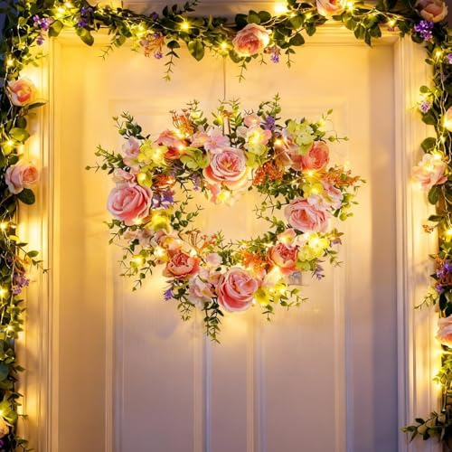 Türkranz Frühling mit LED Licht, 40CM Frühlingskranz Haustür mit Beleuchtung Künstliche Blumen Kranz Beleuchtet Frühlingsdeko Kranz mit Lichterkette Rosa Blumenkranz zum Aufhängen für Deko (A)