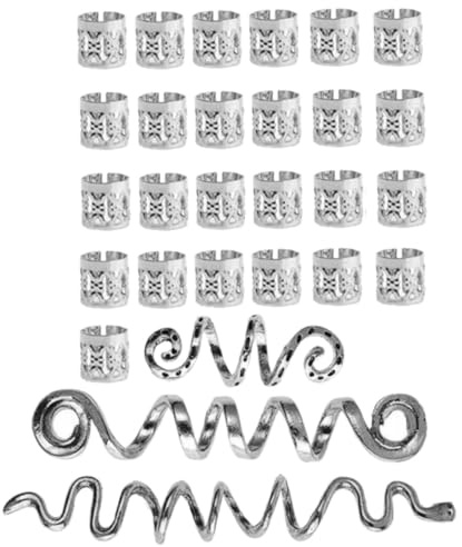 RUNROTOO 28pcs Silver Dreadlock Hair Metal Rings Braiding Accessories Hair Jewelry for Women