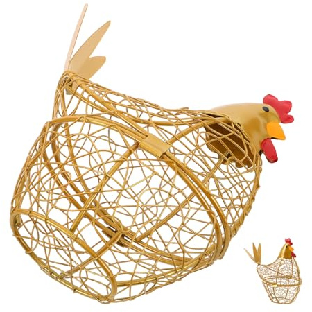 TOPPERFUN Cestino Portauova in Ferro Battuto con Rete Ventilata e Coperchio a Forma di Gallina, Porta Uova Decorativo Dorato per Cucina e Frigorifero, Contenitore Salvaspazio Multiuso