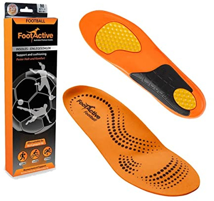 FootActive Football Plus Insoles | Slimline Support for Boots | Designed by sports podiatrists. Slimline fit for football, rugby & hockey boots. Arch support, gel pads, trim-to-fit.