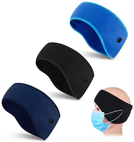 3 Stück Sport Stirnband für Damen Herren,Warm Fleece Stirnbänder mit Knopf,Winddicht Ohrenwärmer für Ski Joggen Fahrrad Running Motorrad (Schwarz + Dunkelblau + Blau)