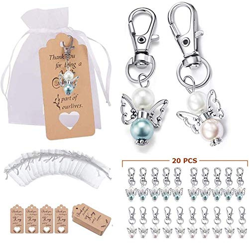 DanLink 20 Stück Schutzengel Schlüsselanhänger, 20 Organza Beutel Gastgeschenke Rosa Gäste Anhänger Perlenengel, Kardieren Dankeschön Geschenke für Hochzeit Taufe Weihnachten Geburtstag Konfirmation