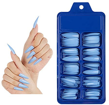 Amni Natural Look False Nail Tips 10 Sizes Matte Full Cover Long Stiletto/Pointy Fake Nails Art Manicure UK (LIGHT BLUE POINTY NAILS), 100pcs