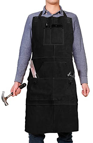 QeeLink Leather Work Shop Apron with 6 Tool Pockets Heat & Flame Resistant Welding Apron, 24 x 36, Adjustable M to XXL (Black)