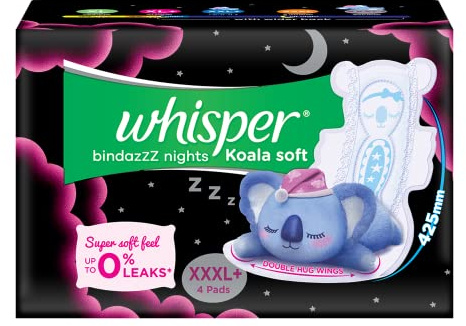 WHISPER Bindazz Nights, cuscinetti igienici Kaloala morbidi, 4 cuscinetti XXXL+, perdite fino allo 0%, 85% più lunghi e più larghi, foglio superiore super morbido, doppie ali abbracciate, involucro