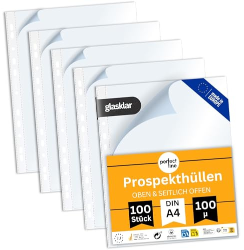 perfect line – 100 Prospekthüllen A4, seitlich & oben offen (Typ L) - extra stark, säurefrei, dokumentenecht, Klarsichthüllen reißfest, Made in EU