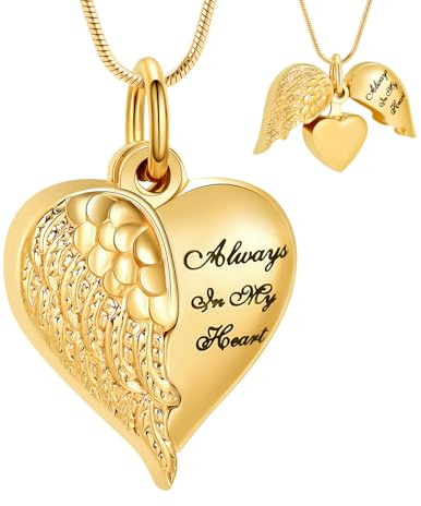 VCCWYQK Collares de urna de corazón con alas de ángel para cenizas, colgante conmemorativo para mujeres y hombres, joyería de cremación (Oro)