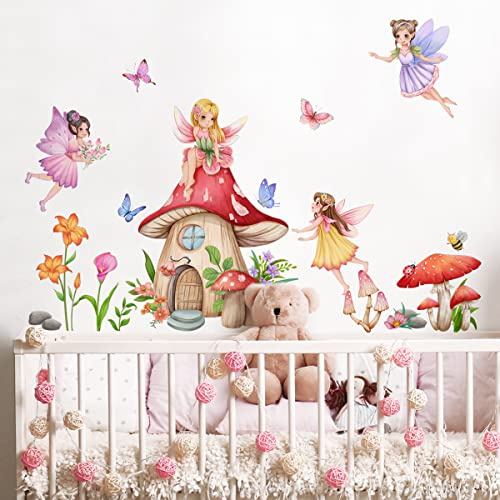 Runtoo Wandtattoo Blumenfee Wandsticker Märchen Pilzhaus Schmetterling Wandaufkleber Kinderzimmer Babyzimmer Mädchen Wanddeko