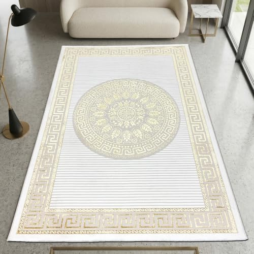 CARPETIA Teppich Orientmuster Creme Gold mit Glanzeffekt 160x230 cm | Pflegeleicht, strapazierfähig und schmutzabweisend, OEKO-TEX geprüft, für Fußbodenheizung, mit Glanzeffekt