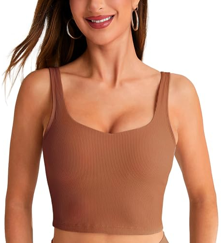 BAYDI Damen Sport BH ohne Buegel Langlinie Bustier Gepolstert Crop Top Gerippte Yoga Fitness Soft Bra mit Abnehmbaren Cups Braun