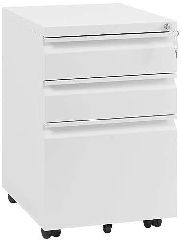 WOLTU Rollcontainer, abschließbarer Aktenschrank, mit 3 Schubladen, Schreibtisch Unterschrank, mit Rollen, 39x62x46 cm, weiß