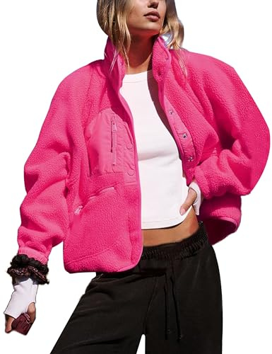 APAFES Damen Cropped Sherpa Gefüttert Fleece Jacke Winter Warm Button Down Fuzzy Mäntel Shacket Oberbekleidung mit Taschen, Rosenrot, S