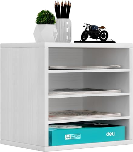 Senhoglb 4 Fächer Aktenablage, Schreibtisch Ordner Organizer Holz, Stapelbar Dokumentenablage für Büro, A4 Aktenhalter, Multifunktionaler Briefablage für Papier, Magazin, Bürobedarf, Weiß