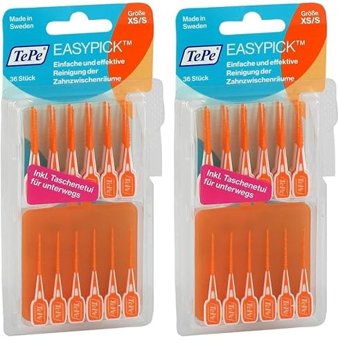 TePe EasyPick Dental Stick XS/S / 1 x 36 Stück inklusive praktischem Taschenetui/Für eine einfache, tägliche Anwendung zwischendurch und unterwegs, Orange (Packung mit 2)