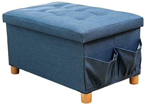 Faltbarer Aufbewahrungshocker, Premium-Fußhocker mit Holzbeinen und Tablettdeckel, Strudy Spielzeugtruhe, Couchtisch, seitliche Aufbewahrungstaschen, Marineblau, 60 x 38 x 38 cm (24 x 15 x
