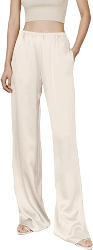 Kkaebi Pantalon en satin soyeux pour femme - Pantalon habillé à jambes larges - Taille haute élastique - Pantalon long fluide avec poches