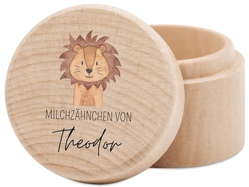 wunderwunsch® - Milchzahndose personalisiert aus Holz mit kinderfreundlichem UV-Druck - Zahndose Milchzähne als Erinnerung an die ersten Zähnchen (Löwe)