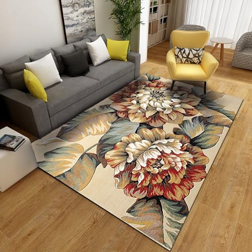 Teppich deko Boden,Braun Gelb Rot Floral Design Leicht zu reinigen Rutschfester Teppich,bettvorleger Schlafzimmer rutschfest kinderteppich waschbar 200x300cm