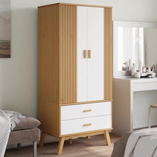Bulliing Kleiderschrank Vorratsschrank Mehrzweckschrank Schrank Kleiderschrank Olden Weiß Braun 76,5x53x172cm Massivholz Kiefer