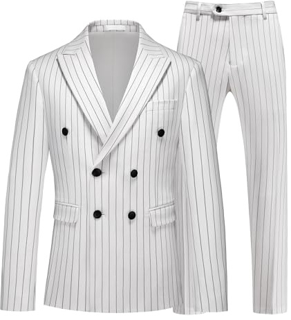 MOGU Mens Double Breasted Pinstripe Suit - 2 Piece Slim Fit Vintage Tuxedo for Groomsmen, Wedding, Prom Size L White