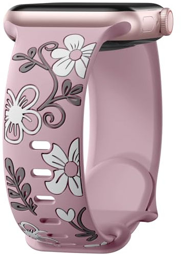 Mastten Floral Armband Kompatibel mit Apple Watch Armband Damen - Weiche Silikon Band für iWatch SE 40mm 41mm 42mm 38mm - Blumen Gravierte Band für iWatch Series 11 10 9 8 7 6 5 4 3 2, Rauch Violett