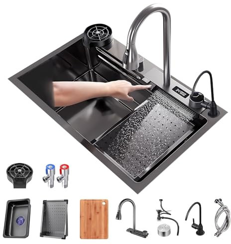 AIVANOTO Smarte Wasserfall-Küchenspüle, Mit Ausziehbarem Wasserhahn, Tassenspüler, Ablaufgarnituren, Edelstahl-Arbeitsplatzspüle, Große Einzelspüle Für Küchenbars(80x46x22cm)