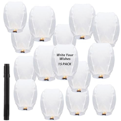 LOPYXBR 15PCS Chinese Sky Lanterns Fire Resistant Lanterns to Release in Memory Floating Sky Lantern with Wax Block and Pen for Wishing Wedding Party Festival