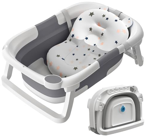Baby Bath Tub Foldable,Collapsible Newborn Bathtub Essentials with Bath Support and Non Slip Bath Seat Cushion Stand Pad,Folding Infant Baths Tub Toddler 0-24 Months, Portable Travel Save Space (Grey)