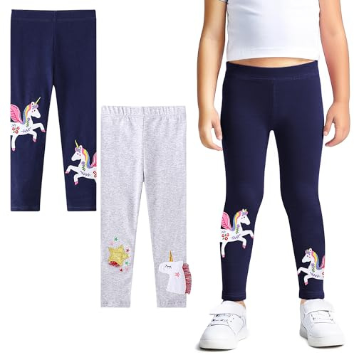FILOWA Leggings Girls Kids Cotton Stretchy Trousers 2-Pack Star Horse Embroidery Tassels Tights Pants Long Legging Activewear Casual School Spring Autumn Trouser for Children 3-4 Years, Navy Grey