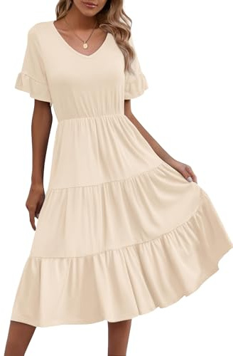 Zeagoo Abito Estivo Donna Elegante Scollo a V Manica Corta Casual T-Shirt Vestito Ruffles Midi Abiti con Tasche Beige L