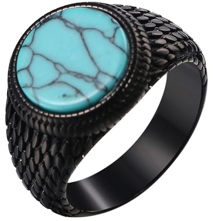 OIDEA Herrring med turkos sten: silver/guld/svart bandring i rostfritt stål vintage med rund turkos ädelsten signetring smycken present till män storlek 54–70, turkos, Turkos