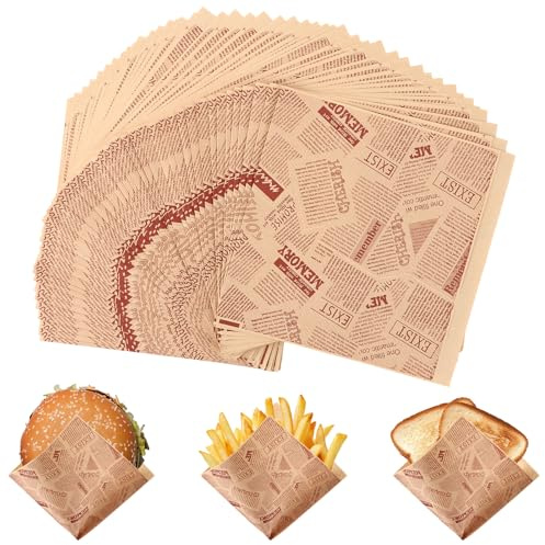FWEEK 250 Feuilles de Papier Emballage Alimentaire, 18x18 cm Emballage Burger, Papier Cuisson Anti-Gras Style Journal pour Sandwich, Frites, Snacks, Restauration Rapide, Pique-nique