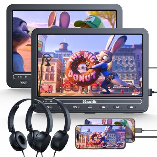 GOnavidio Lecteur DVD portable 10,5 Pouces avec HDMI Input, 2 écrans avec 5 Heures de Batterie Rechargeable ,Lecteur DVD Voiture, ecran de voiture pour enfant, Support USB/SD