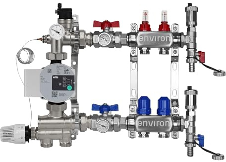 ENVIRON- Heizkreisverteiler [2-12 Heizkreise] mit Festwertregelset, Kugelhahn Set und Schnellentlüfter Set | Hocheffizienzpumpe (Wilo Para 25/6, 2 Heizkreise)