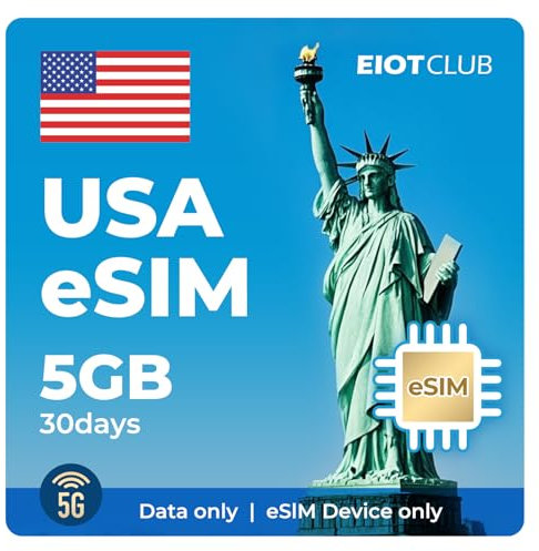 EIOTCLUB USA prepagata eSIM 5 GB 30 giorni | 5G High Speed | Solo dati mobili | Supporto per la condivisione hotspot | Ricaricabile | Copertura con Hawaii | Compatibile con le 3 grandi reti