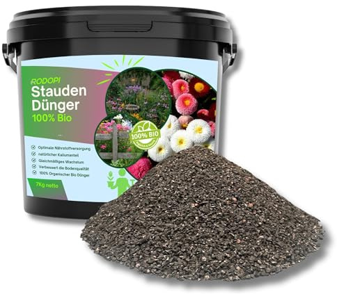 Rodopi Bio-Staudendünger Granulat 7-3-8 – 3 Monate Langzeitwirkung – 100% pflanzlich & tierfrei – Organischer NPK-Dünger mit Eisen & Mykorrhiza – Ideal für Blütenstauden, Gräser & Bodendecker 7kg