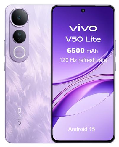 VIVO V50 Lite 4G Smartphone 8GB 256GB, 120Hz 6.77 AMOLED, 6500mAh Batería, Cámara Triple de 50 MP, MediaTek Dimensity 6300, Android 15, Dual Sim, NFC, Morado